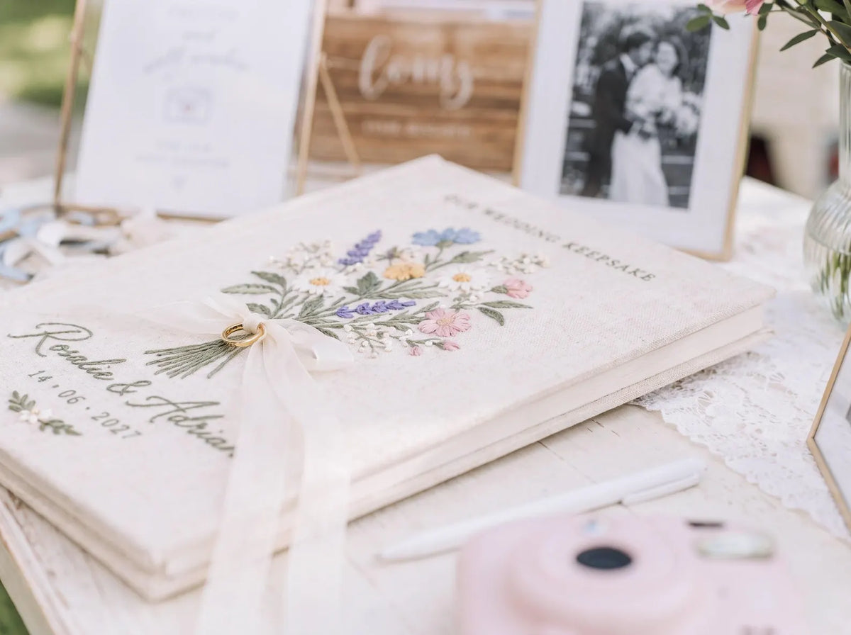Custom Hand Embroidered Wildflower Wedding Guest Book, Personalized Linen Keepsake, Ring Bearer Bridal Gift, Romantic Heirloom Memory Album