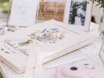 Custom Hand Embroidered Wildflower Wedding Guest Book, Personalized Linen Keepsake, Ring Bearer Bridal Gift, Romantic Heirloom Memory Album
