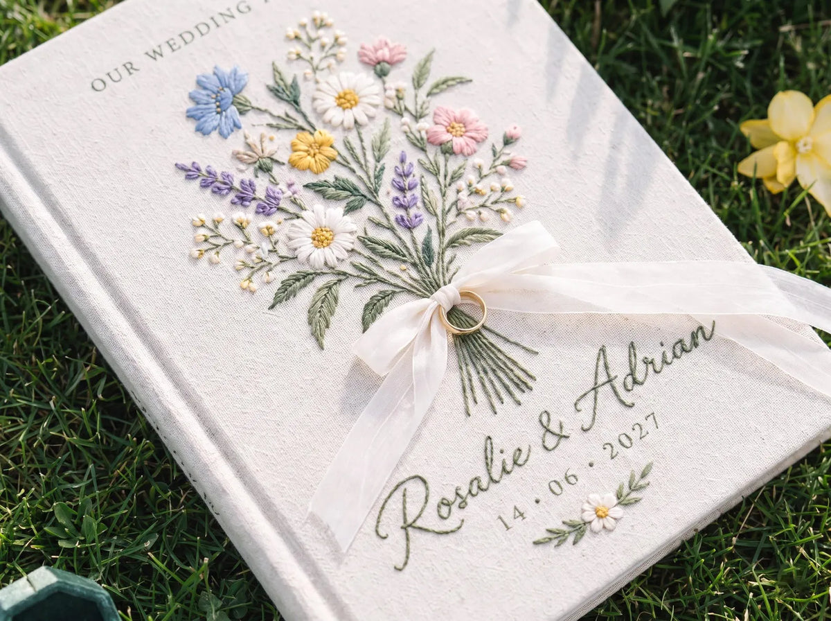 Custom Hand Embroidered Wildflower Wedding Guest Book, Personalized Linen Keepsake, Ring Bearer Bridal Gift, Romantic Heirloom Memory Album