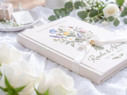 Custom Hand Embroidered Wildflower Wedding Guest Book, Personalized Linen Keepsake, Ring Bearer Bridal Gift, Romantic Heirloom Memory Album