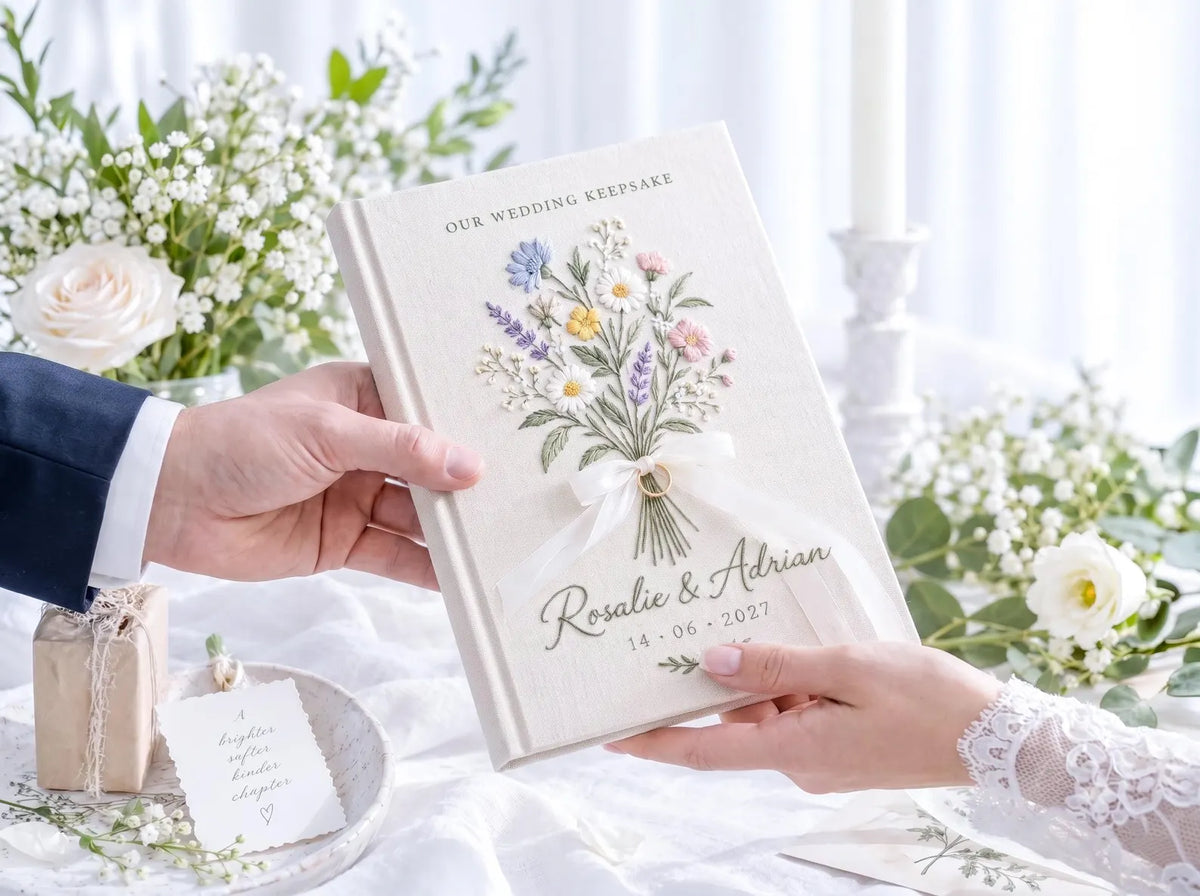 Custom Hand Embroidered Wildflower Wedding Guest Book, Personalized Linen Keepsake, Ring Bearer Bridal Gift, Romantic Heirloom Memory Album