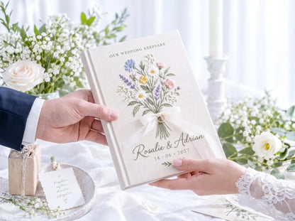 Custom Hand Embroidered Wildflower Wedding Guest Book, Personalized Linen Keepsake, Ring Bearer Bridal Gift, Romantic Heirloom Memory Album