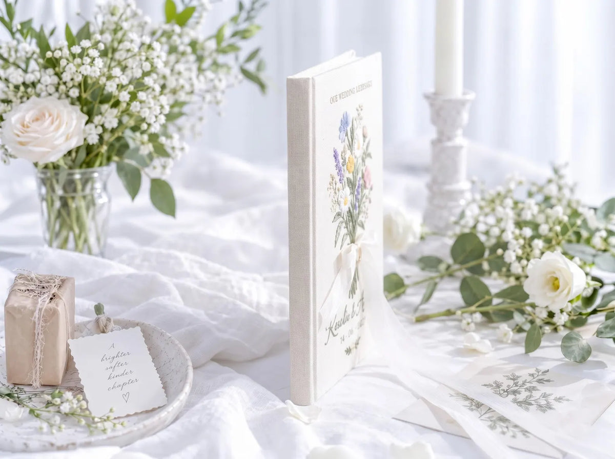 Custom Hand Embroidered Wildflower Wedding Guest Book, Personalized Linen Keepsake, Ring Bearer Bridal Gift, Romantic Heirloom Memory Album