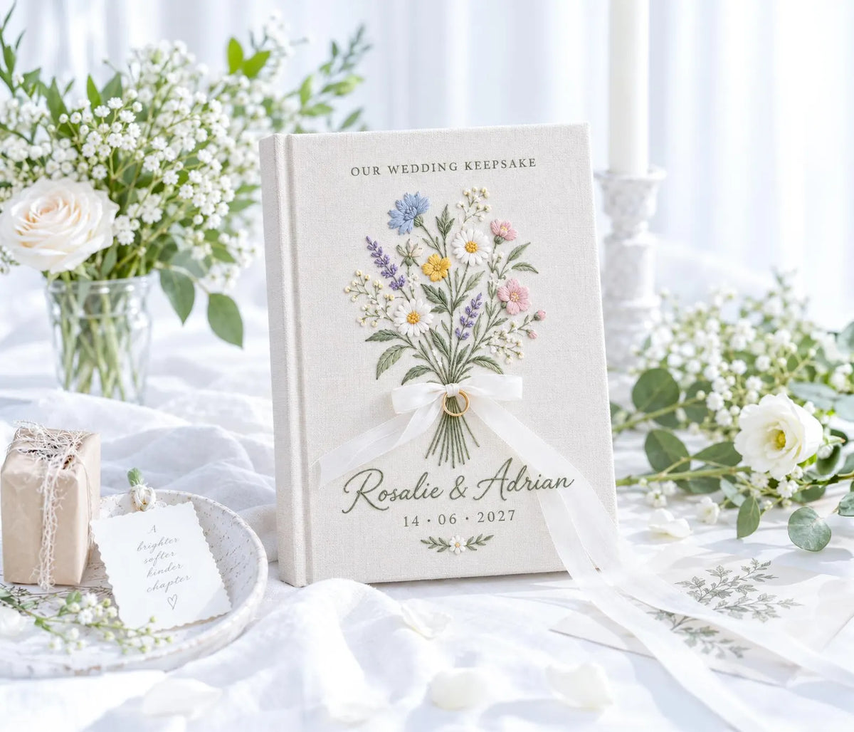 Custom Hand Embroidered Wildflower Wedding Guest Book, Personalized Linen Keepsake, Ring Bearer Bridal Gift, Romantic Heirloom Memory Album