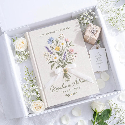 Custom Hand Embroidered Wildflower Wedding Guest Book, Personalized Linen Keepsake, Ring Bearer Bridal Gift, Romantic Heirloom Memory Album
