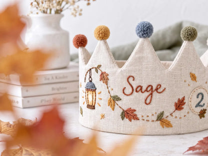 Personalized Autumn Birthday Crown, Hand Embroidered Linen Party Hat, Custom Name and Age, Fall Leaves Birthday Crown, Toddler Photo Prop