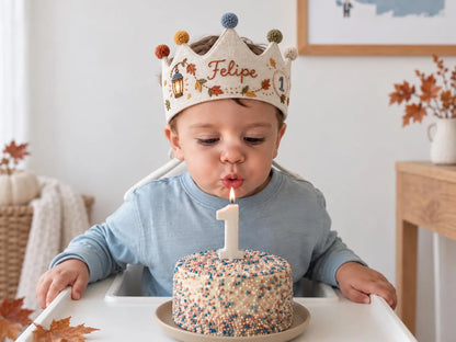 Personalized Autumn Birthday Crown, Hand Embroidered Linen Party Hat, Custom Name and Age, Fall Leaves Birthday Crown, Toddler Photo Prop