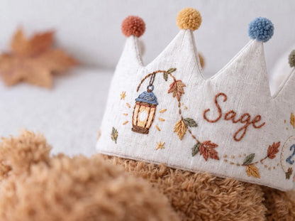 Personalized Autumn Birthday Crown, Hand Embroidered Linen Party Hat, Custom Name and Age, Fall Leaves Birthday Crown, Toddler Photo Prop