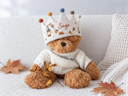 Personalized Autumn Birthday Crown, Hand Embroidered Linen Party Hat, Custom Name and Age, Fall Leaves Birthday Crown, Toddler Photo Prop