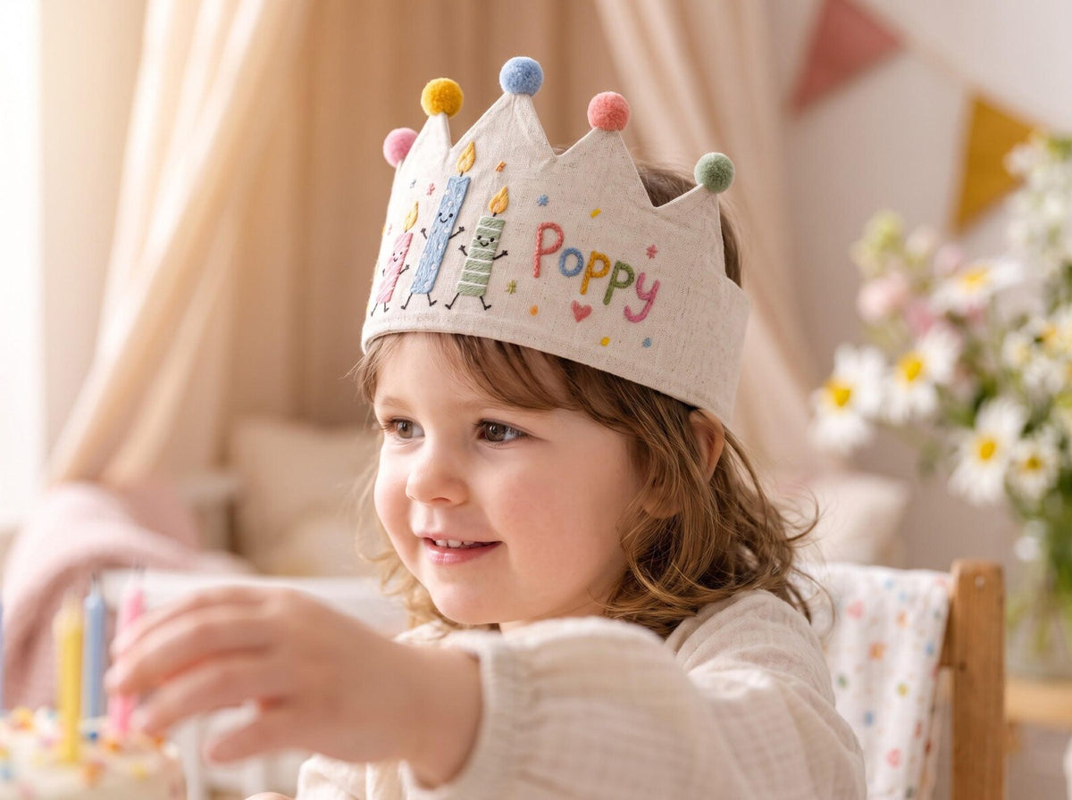 Personalized Birthday Crown, Hand Embroidered Candle Party Hat, Custom Name Linen Crown, Kids Birthday Outfit, First Birthday Photo Prop