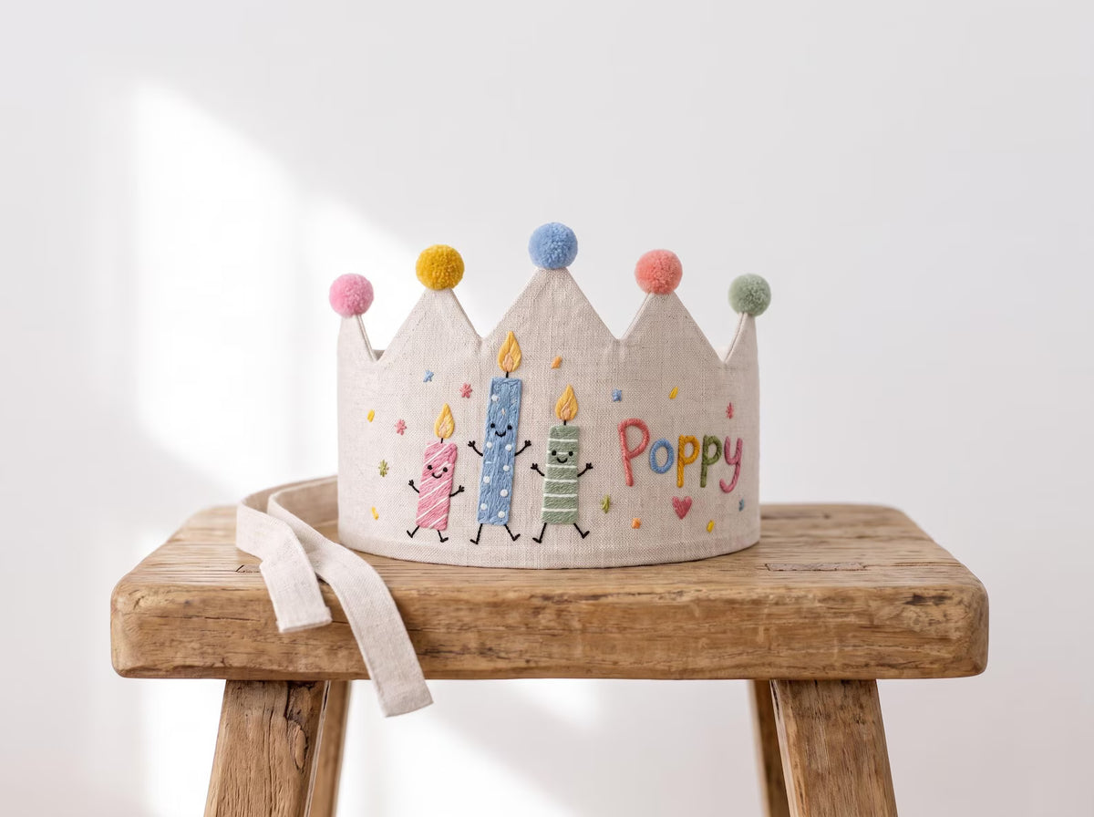 Personalized Birthday Crown, Hand Embroidered Candle Party Hat, Custom Name Linen Crown, Kids Birthday Outfit, First Birthday Photo Prop