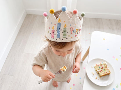 Personalized Birthday Crown, Hand Embroidered Candle Party Hat, Custom Name Linen Crown, Kids Birthday Outfit, First Birthday Photo Prop