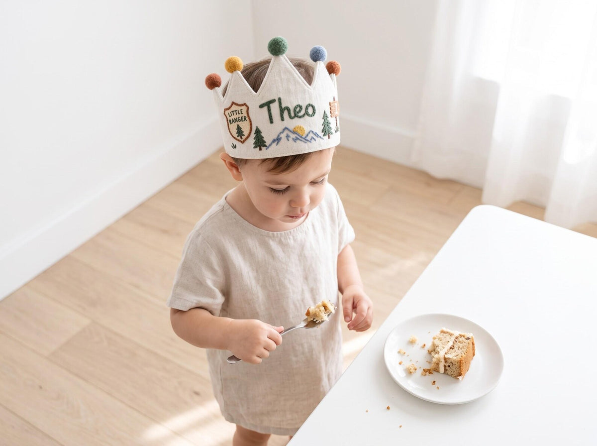 Personalized Woodland Birthday Crown, Hand Embroidered Little Ranger Cap, Custom Name Age Linen Crown, Mountain Adventure Birthday Party