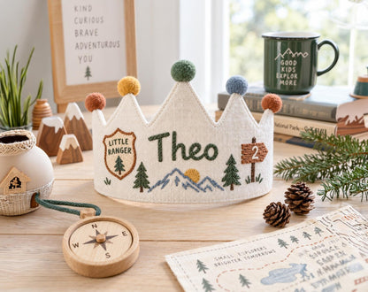 Personalized Woodland Birthday Crown, Hand Embroidered Little Ranger Cap, Custom Name Age Linen Crown, Mountain Adventure Birthday Party
