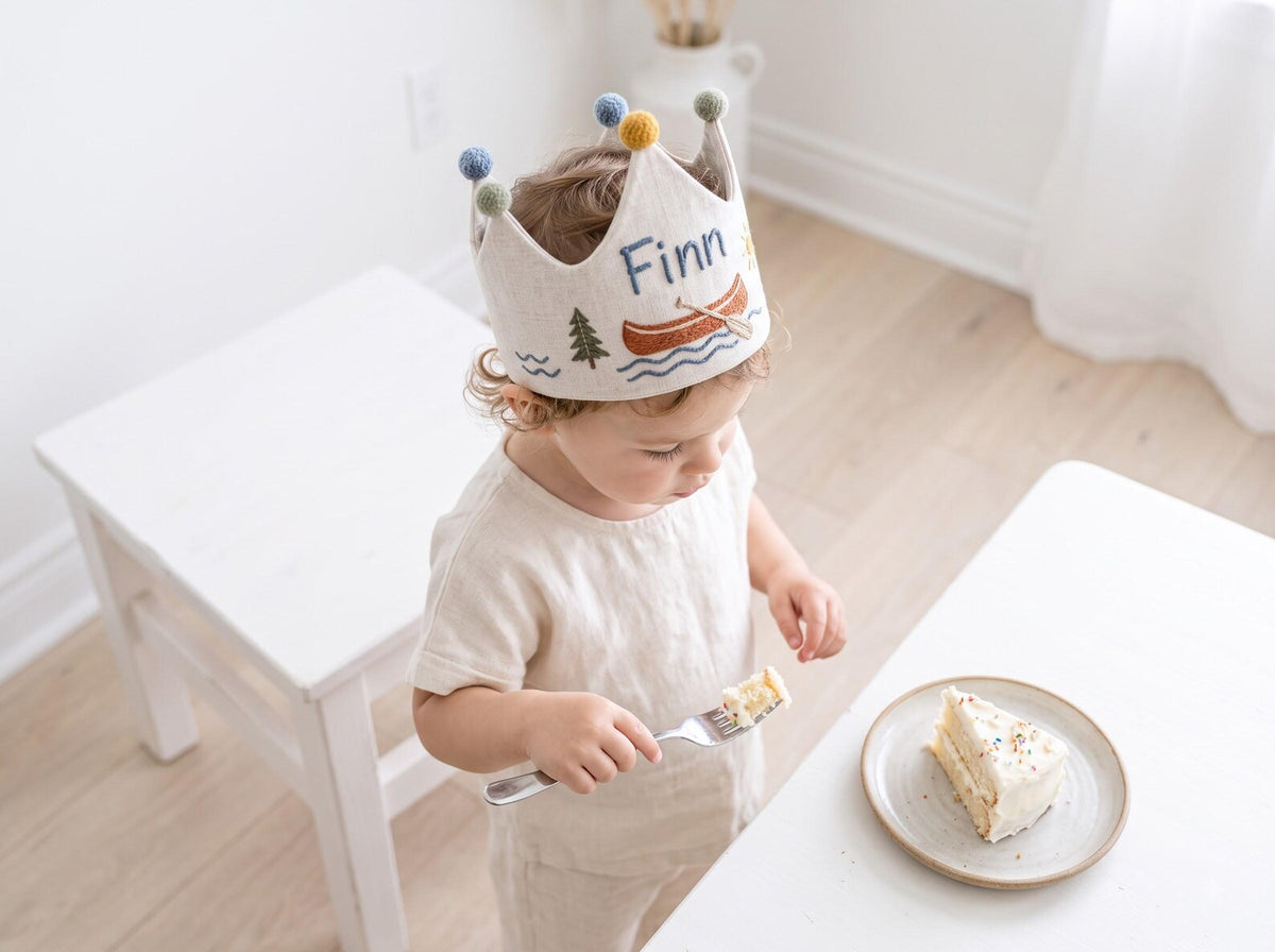 Personalized Lake Birthday Crown, Hand Embroidered Canoe Linen Crown, Custom Name Kids Birthday Hat, Woodland Camping Party Photo Prop