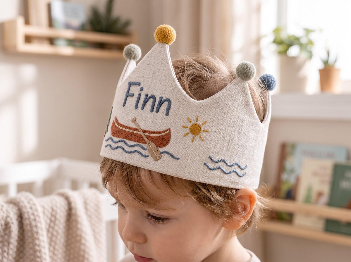 Personalized Lake Birthday Crown, Hand Embroidered Canoe Linen Crown, Custom Name Kids Birthday Hat, Woodland Camping Party Photo Prop