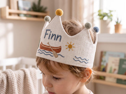 Personalized Lake Birthday Crown, Hand Embroidered Canoe Linen Crown, Custom Name Kids Birthday Hat, Woodland Camping Party Photo Prop