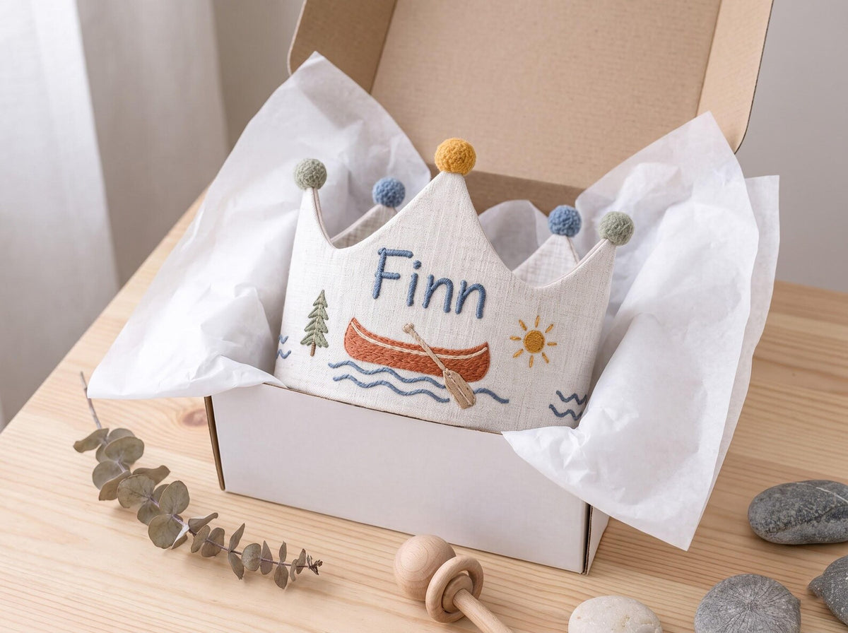 Personalized Lake Birthday Crown, Hand Embroidered Canoe Linen Crown, Custom Name Kids Birthday Hat, Woodland Camping Party Photo Prop