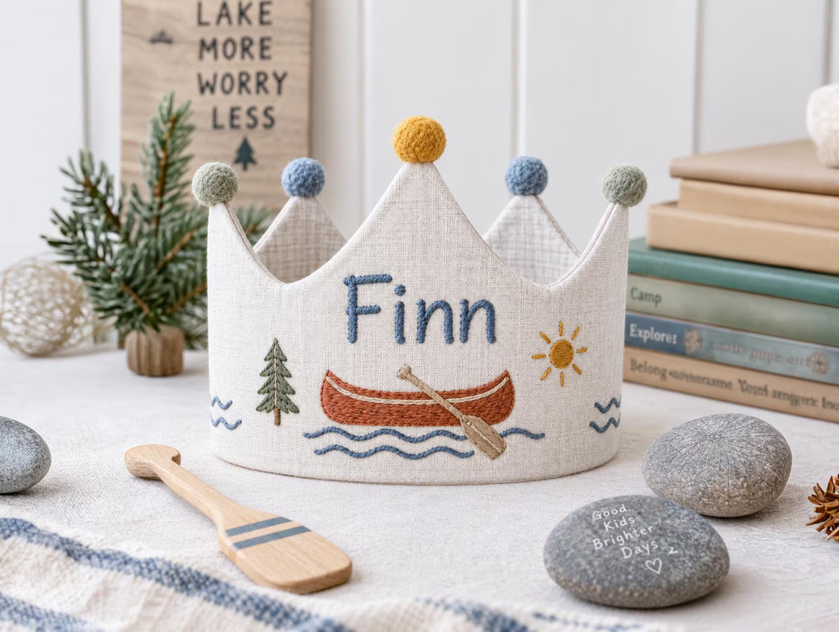 Personalized Lake Birthday Crown, Hand Embroidered Canoe Linen Crown, Custom Name Kids Birthday Hat, Woodland Camping Party Photo Prop