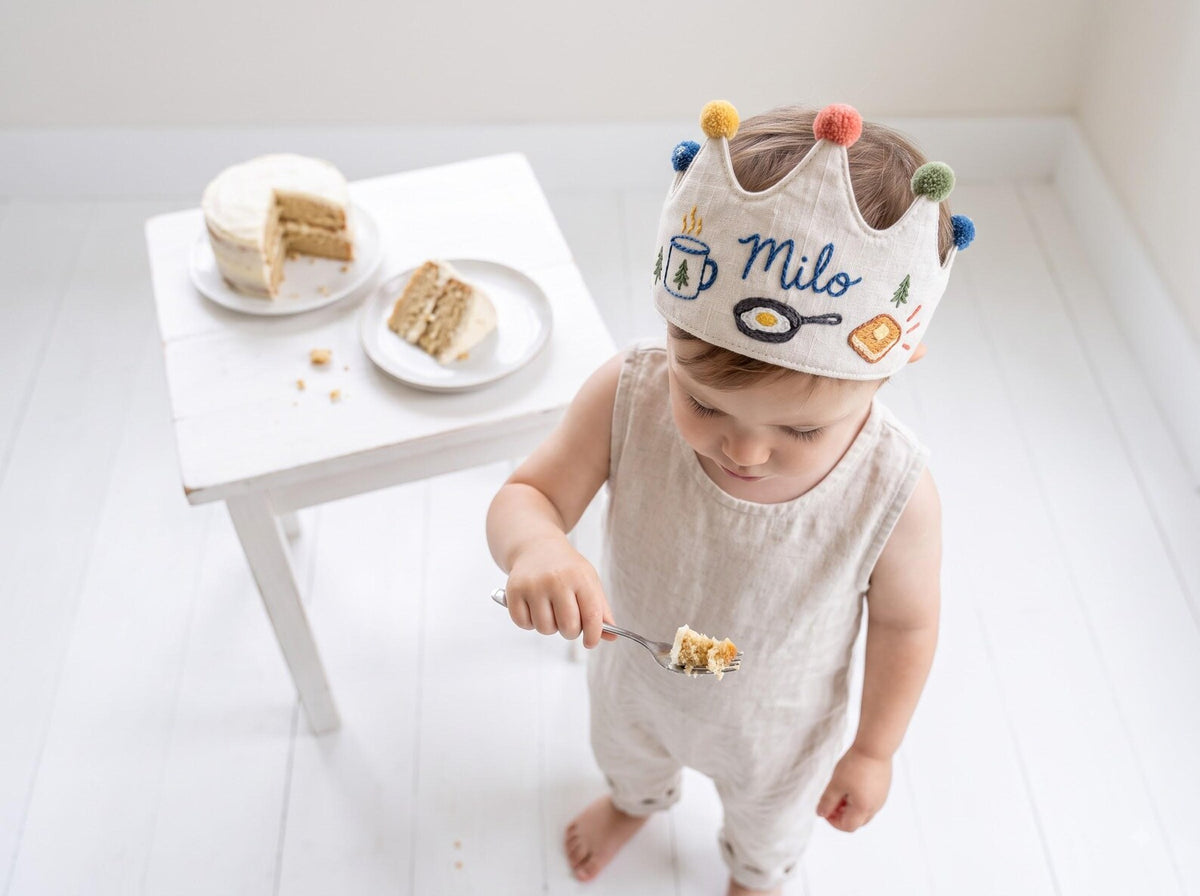 Personalized Camping Birthday Crown, Hand Embroidered Linen Party Hat, Custom Name Kids Crown, Camp Breakfast, Outdoor Birthday Photo Props