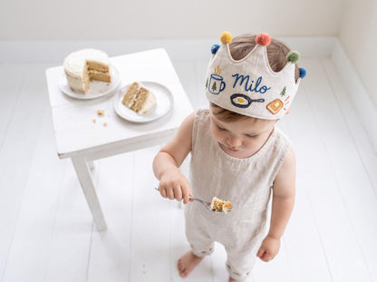 Personalized Camping Birthday Crown, Hand Embroidered Linen Party Hat, Custom Name Kids Crown, Camp Breakfast, Outdoor Birthday Photo Props