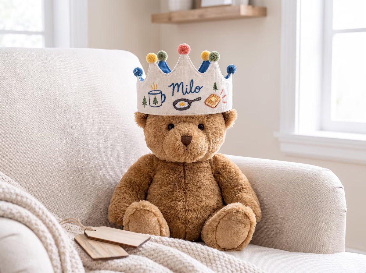 Personalized Camping Birthday Crown, Hand Embroidered Linen Party Hat, Custom Name Kids Crown, Camp Breakfast, Outdoor Birthday Photo Props