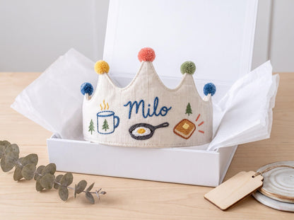Personalized Camping Birthday Crown, Hand Embroidered Linen Party Hat, Custom Name Kids Crown, Camp Breakfast, Outdoor Birthday Photo Props