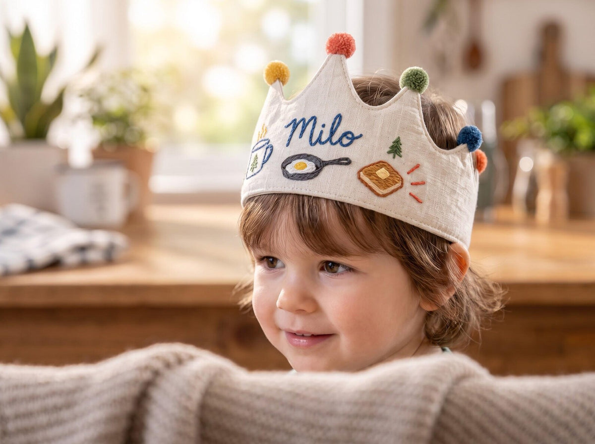 Personalized Camping Birthday Crown, Hand Embroidered Linen Party Hat, Custom Name Kids Crown, Camp Breakfast, Outdoor Birthday Photo Props