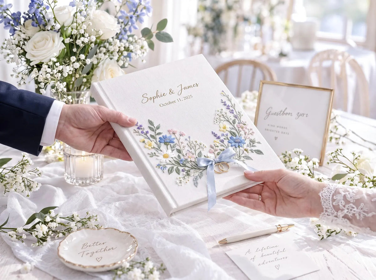 Custom Hand Embroidered Wedding Guest Book, Personalized Linen Photo Album, Wildflower Wedding Keepsake, Memory Book, Bridal Gift