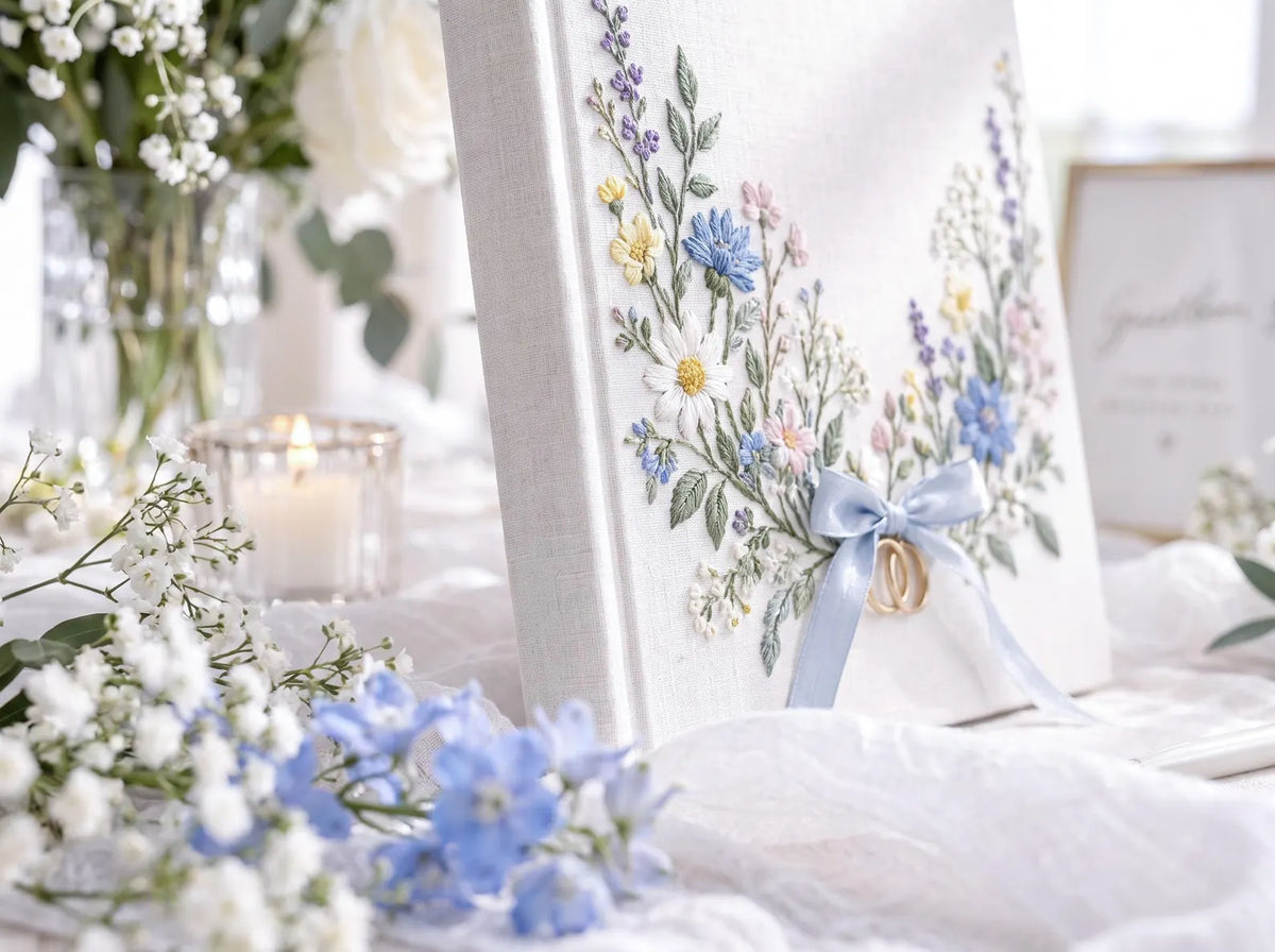 Custom Hand Embroidered Wedding Guest Book, Personalized Linen Photo Album, Wildflower Wedding Keepsake, Memory Book, Bridal Gift