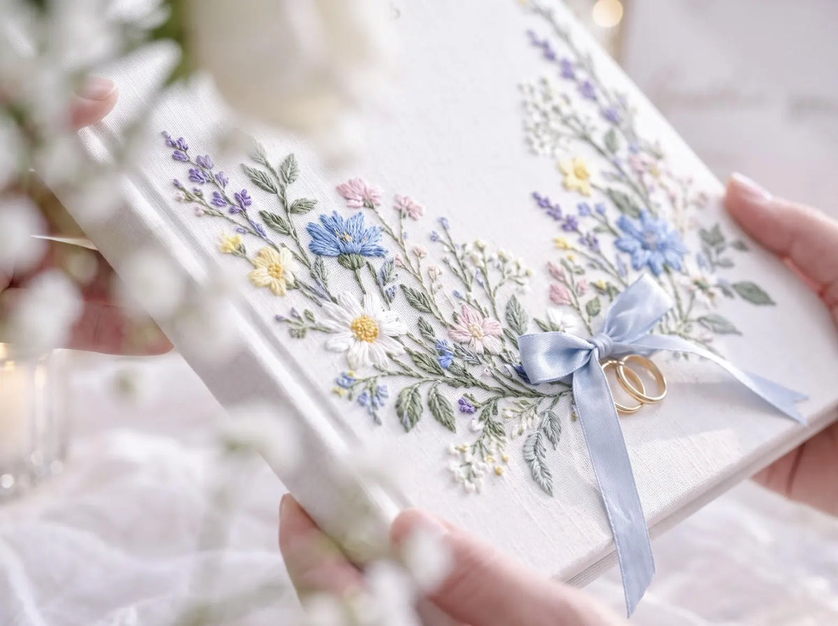 Custom Hand Embroidered Wedding Guest Book, Personalized Linen Photo Album, Wildflower Wedding Keepsake, Memory Book, Bridal Gift