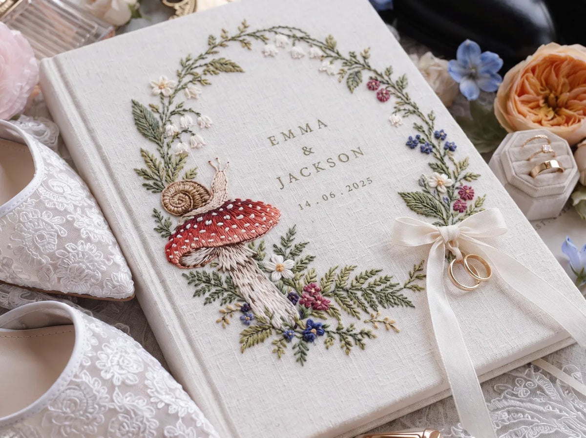 Custom Hand Embroidered Mushroom Wedding Guest Book, Woodland Linen Photo Album, Personalized Memory Book, Wedding Keepsake, Bridal Gift