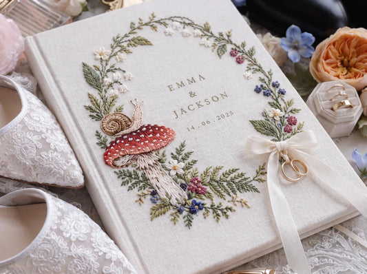 Custom Hand Embroidered Mushroom Wedding Guest Book, Woodland Linen Photo Album, Personalized Memory Book, Wedding Keepsake, Bridal Gift