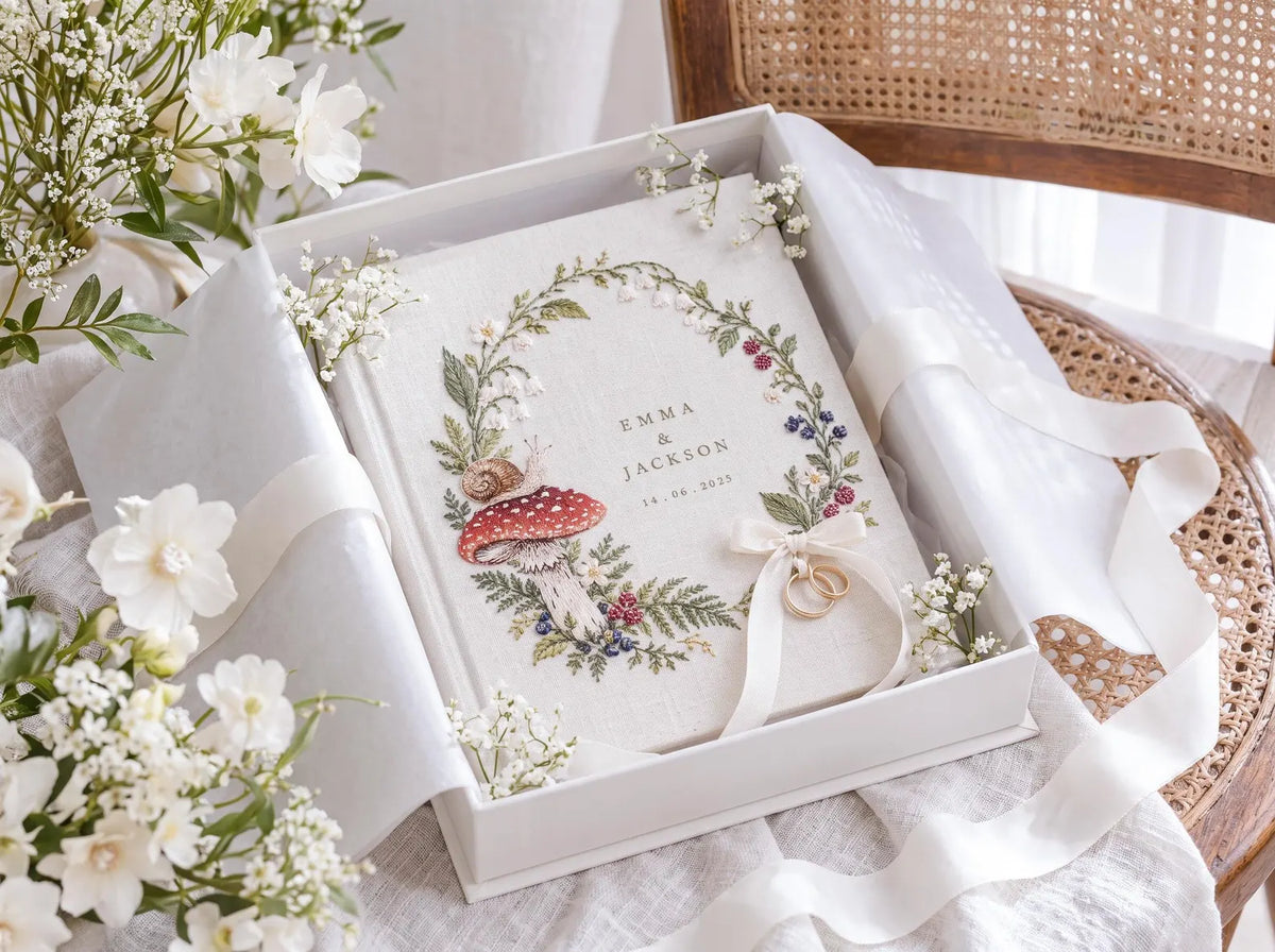 Custom Hand Embroidered Mushroom Wedding Guest Book, Woodland Linen Photo Album, Personalized Memory Book, Wedding Keepsake, Bridal Gift