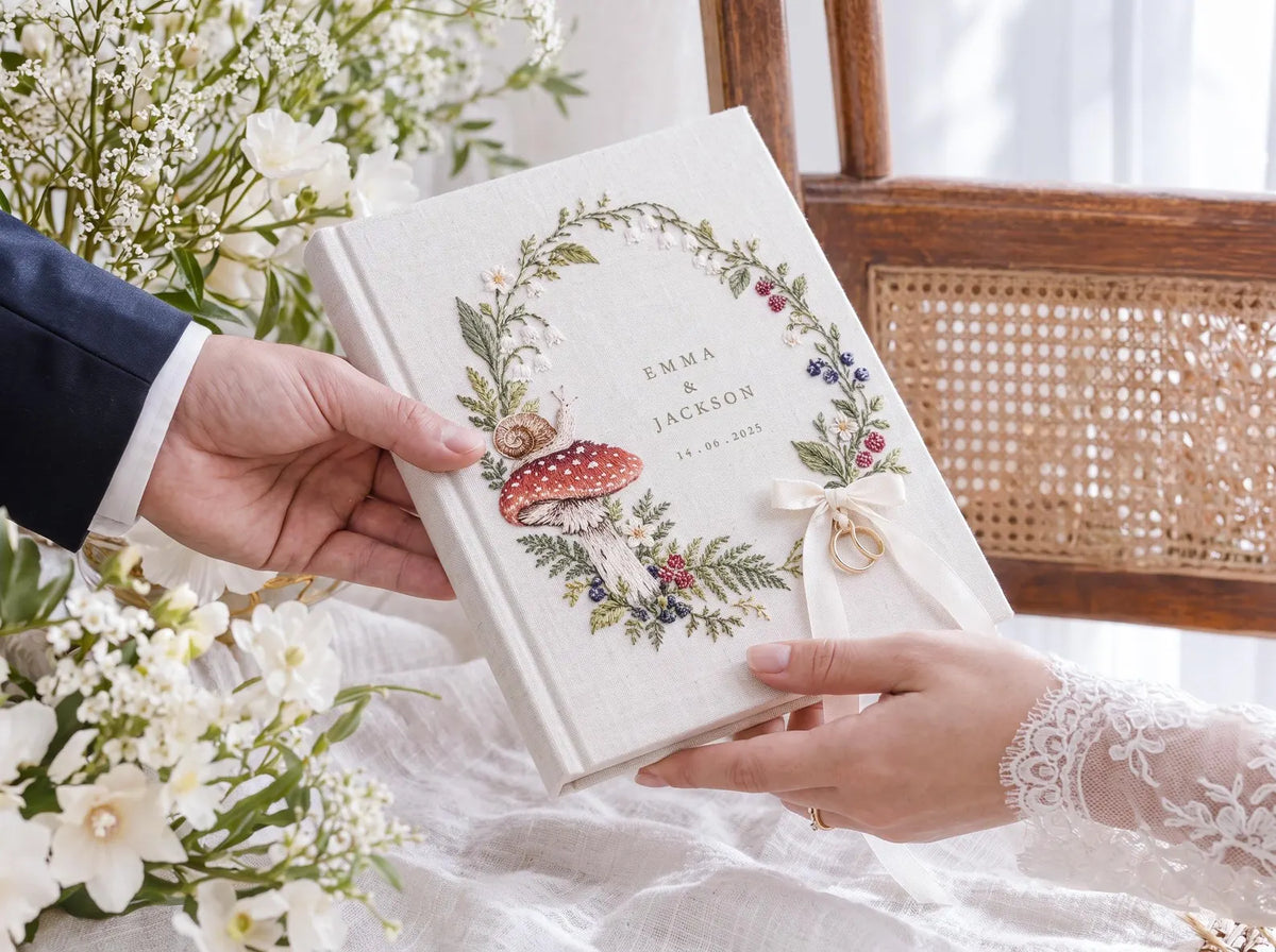 Custom Hand Embroidered Mushroom Wedding Guest Book, Woodland Linen Photo Album, Personalized Memory Book, Wedding Keepsake, Bridal Gift