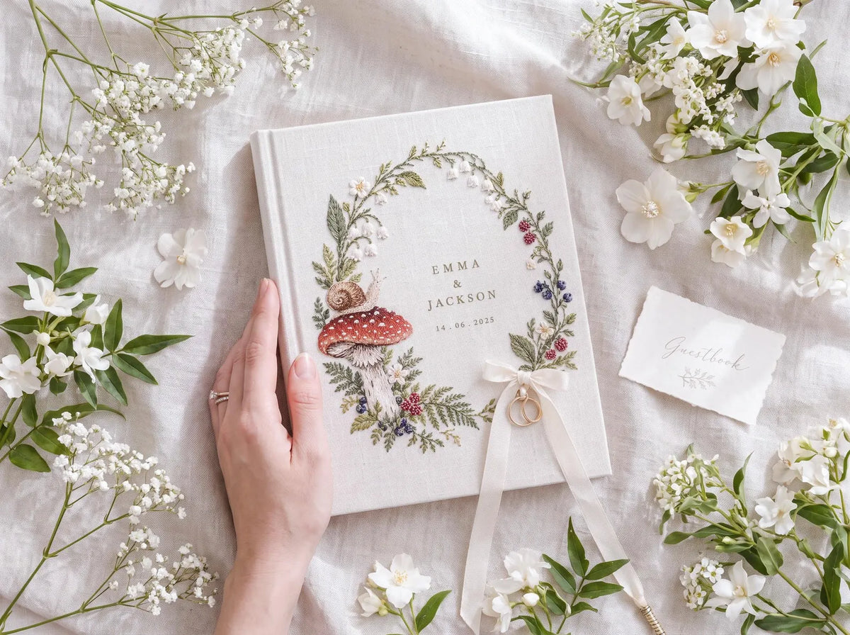 Custom Hand Embroidered Mushroom Wedding Guest Book, Woodland Linen Photo Album, Personalized Memory Book, Wedding Keepsake, Bridal Gift