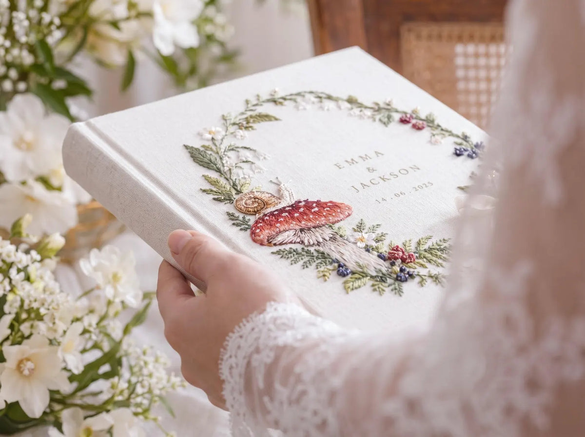 Custom Hand Embroidered Mushroom Wedding Guest Book, Woodland Linen Photo Album, Personalized Memory Book, Wedding Keepsake, Bridal Gift