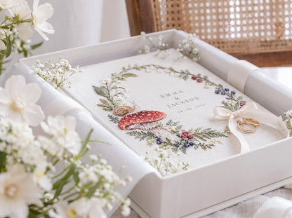 Custom Hand Embroidered Mushroom Wedding Guest Book, Woodland Linen Photo Album, Personalized Memory Book, Wedding Keepsake, Bridal Gift
