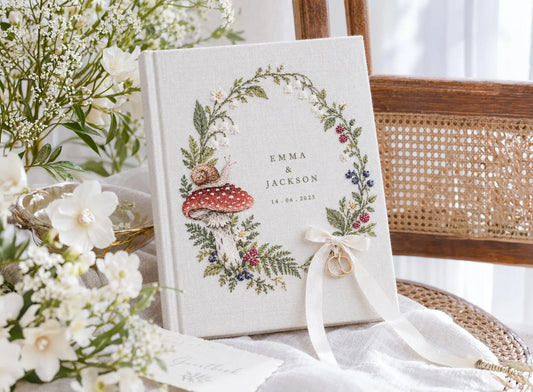 Custom Hand Embroidered Mushroom Wedding Guest Book, Woodland Linen Photo Album, Personalized Memory Book, Wedding Keepsake, Bridal Gift