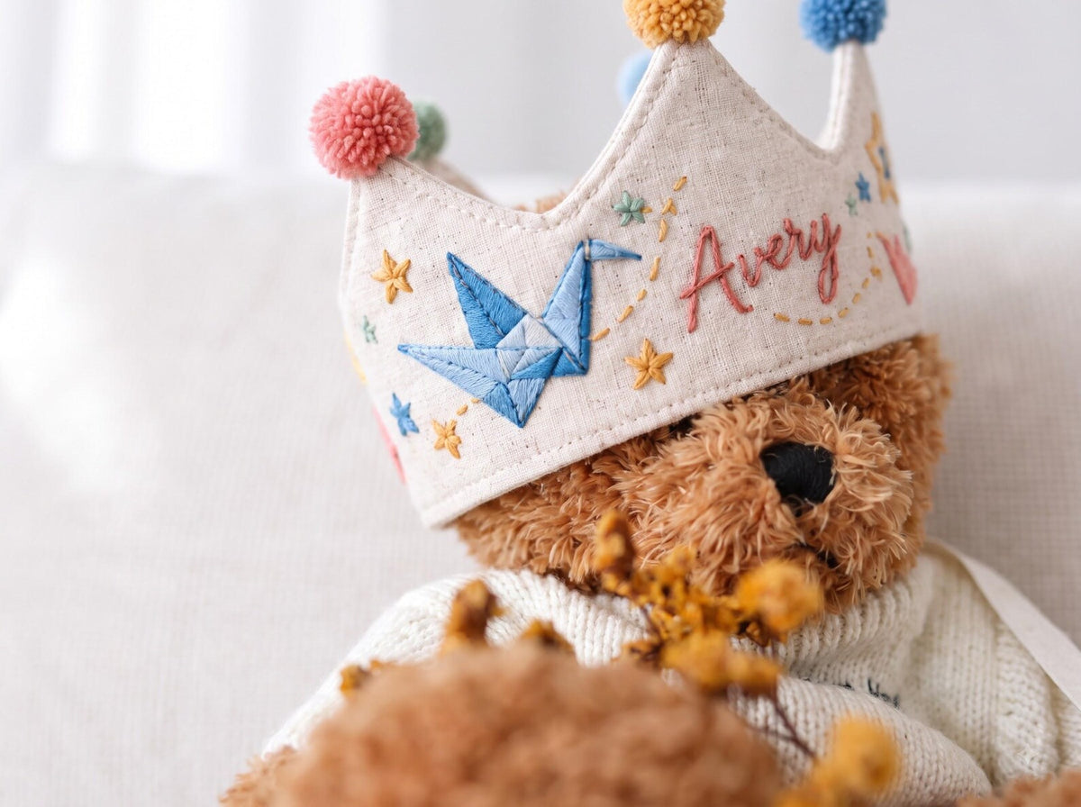 Personalized Birthday Crown, Hand Embroidered Origami Cranes & Stars, Custom Name Age Linen Fabric Crown, Kids Birthday Party Hat Gift Set