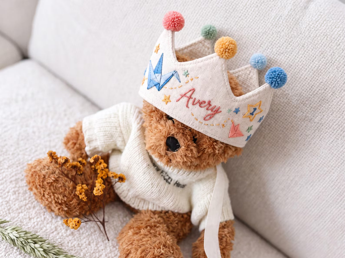 Personalized Birthday Crown, Hand Embroidered Origami Cranes & Stars, Custom Name Age Linen Fabric Crown, Kids Birthday Party Hat Gift Set