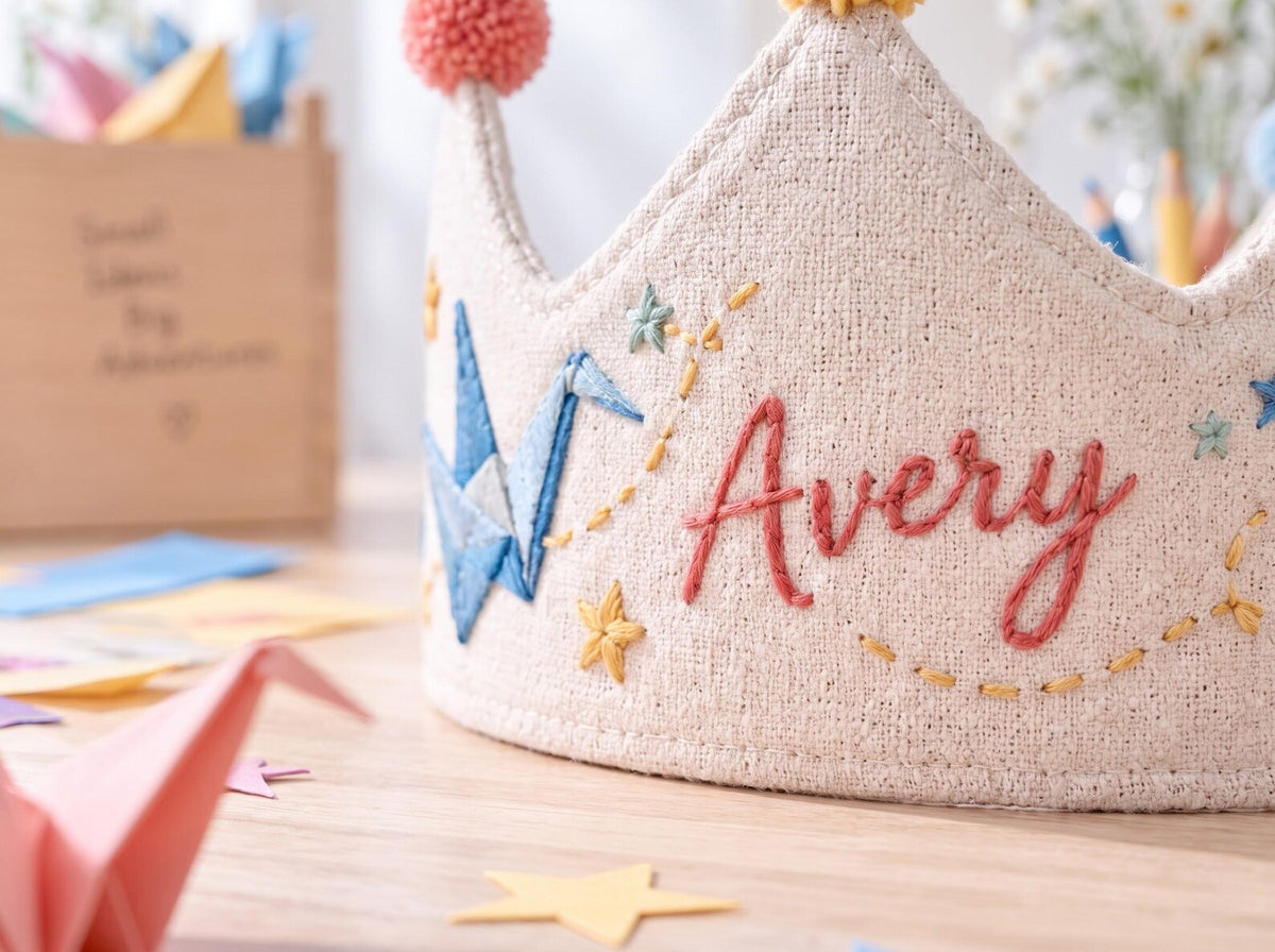 Personalized Birthday Crown, Hand Embroidered Origami Cranes & Stars, Custom Name Age Linen Fabric Crown, Kids Birthday Party Hat Gift Set