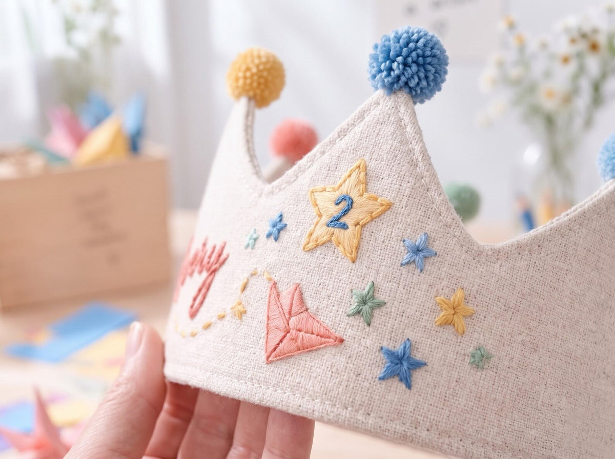 Personalized Birthday Crown, Hand Embroidered Origami Cranes & Stars, Custom Name Age Linen Fabric Crown, Kids Birthday Party Hat Gift Set