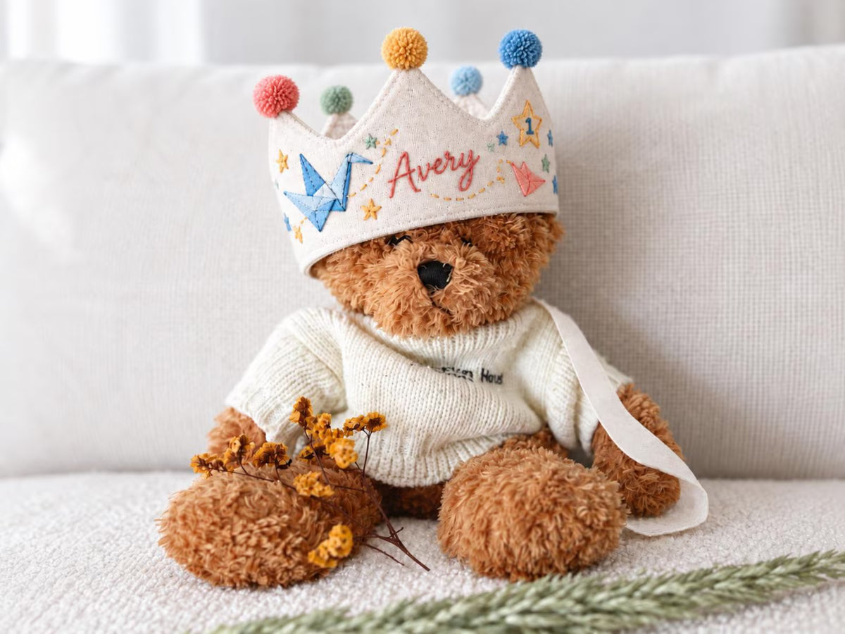 Personalized Birthday Crown, Hand Embroidered Origami Cranes & Stars, Custom Name Age Linen Fabric Crown, Kids Birthday Party Hat Gift Set