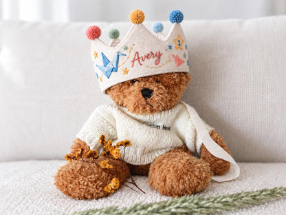 Personalized Birthday Crown, Hand Embroidered Origami Cranes & Stars, Custom Name Age Linen Fabric Crown, Kids Birthday Party Hat Gift Set