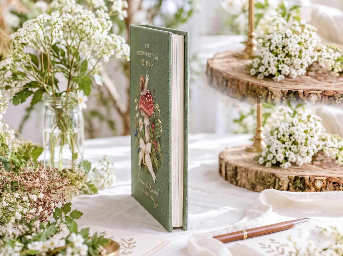 Custom Hand Embroidered Mushroom Wedding Guest Book, Sage Green Linen Photo Album, Woodland Memory Book, Wedding Keepsake, Bridal Gift