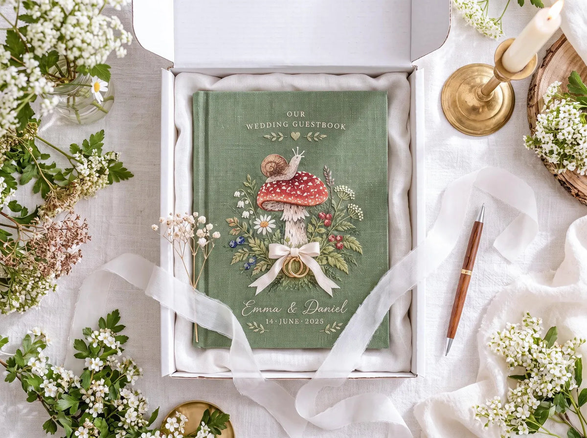 Custom Hand Embroidered Mushroom Wedding Guest Book, Sage Green Linen Photo Album, Woodland Memory Book, Wedding Keepsake, Bridal Gift