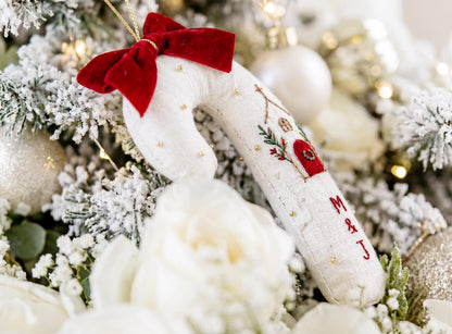 Personalized Christmas Candy Cane Ornament, Hand Embroidered Linen Tree Decoration, Custom Initials Church Ornament, Religious Christmas