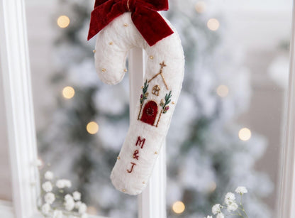 Personalized Christmas Candy Cane Ornament, Hand Embroidered Linen Tree Decoration, Custom Initials Church Ornament, Religious Christmas