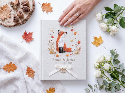 Custom Hand Embroidered Fox Wedding Guest Book, Autumn Woodland Linen Photo Album, Personalized Memory Book, Wedding Keepsake, Bridal Gift